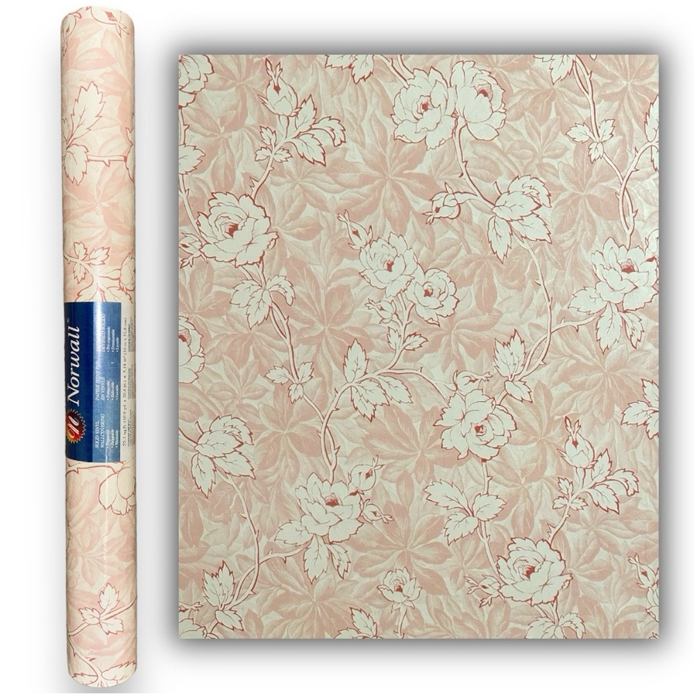 NWT Norwall Vinyl Wallpaper Roll, Pre-pasted, Pink Ivory Floral Print